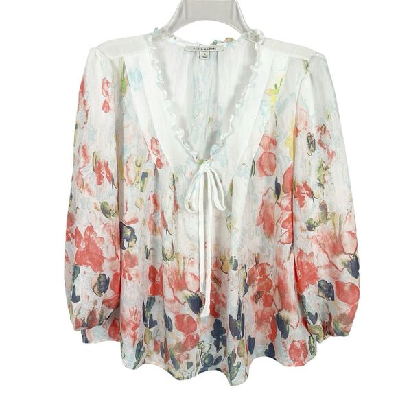 Zac & Rachel Floral Watercolor Ruffle Neck 3/4 Sleeve Flowy Top Women’s Large - Picture 1 of 11